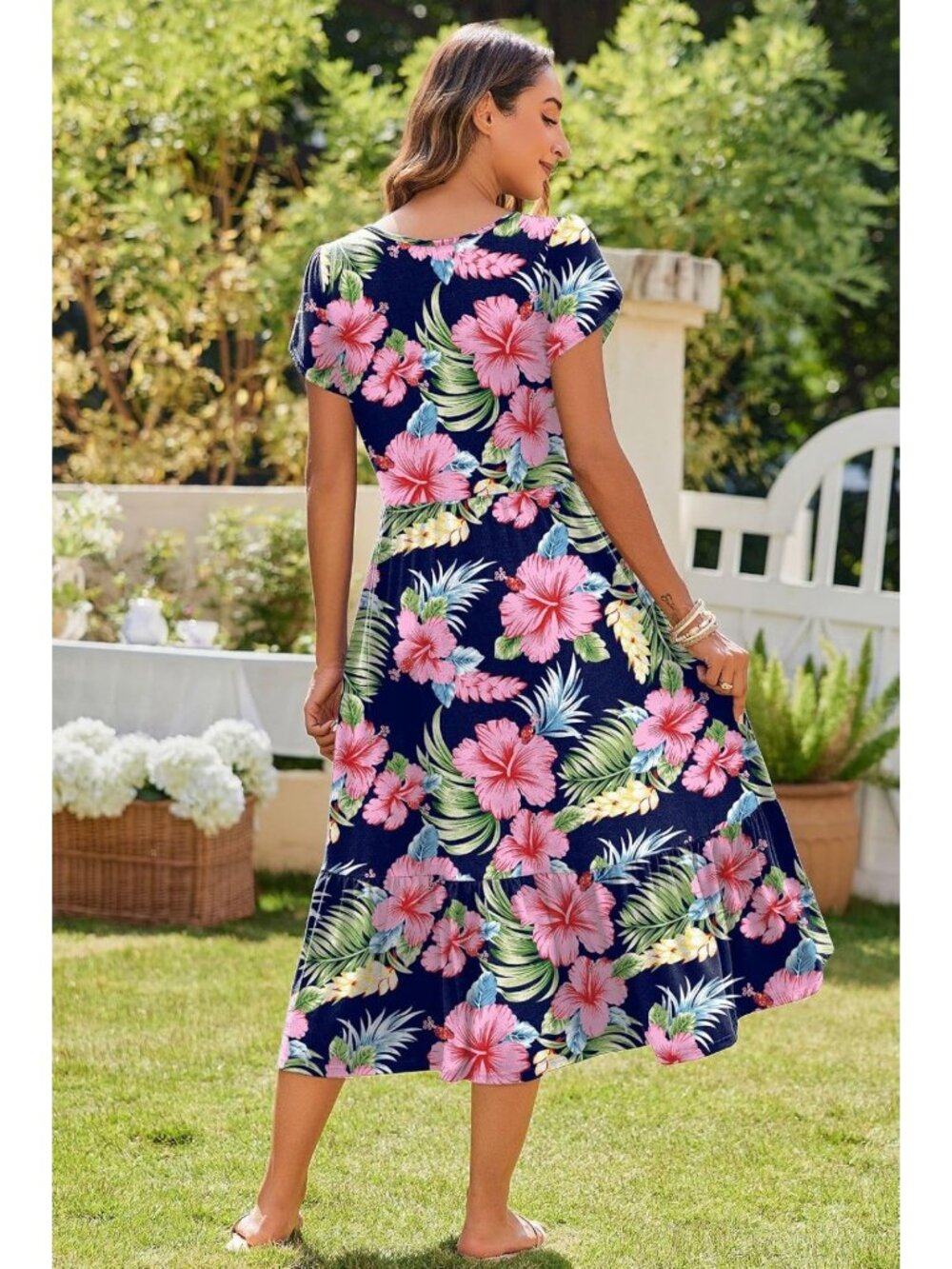 Summer Midi A-Line Dress for Women | Casual Flowy Tiered Sundress with Pockets - Picture 6 of 7